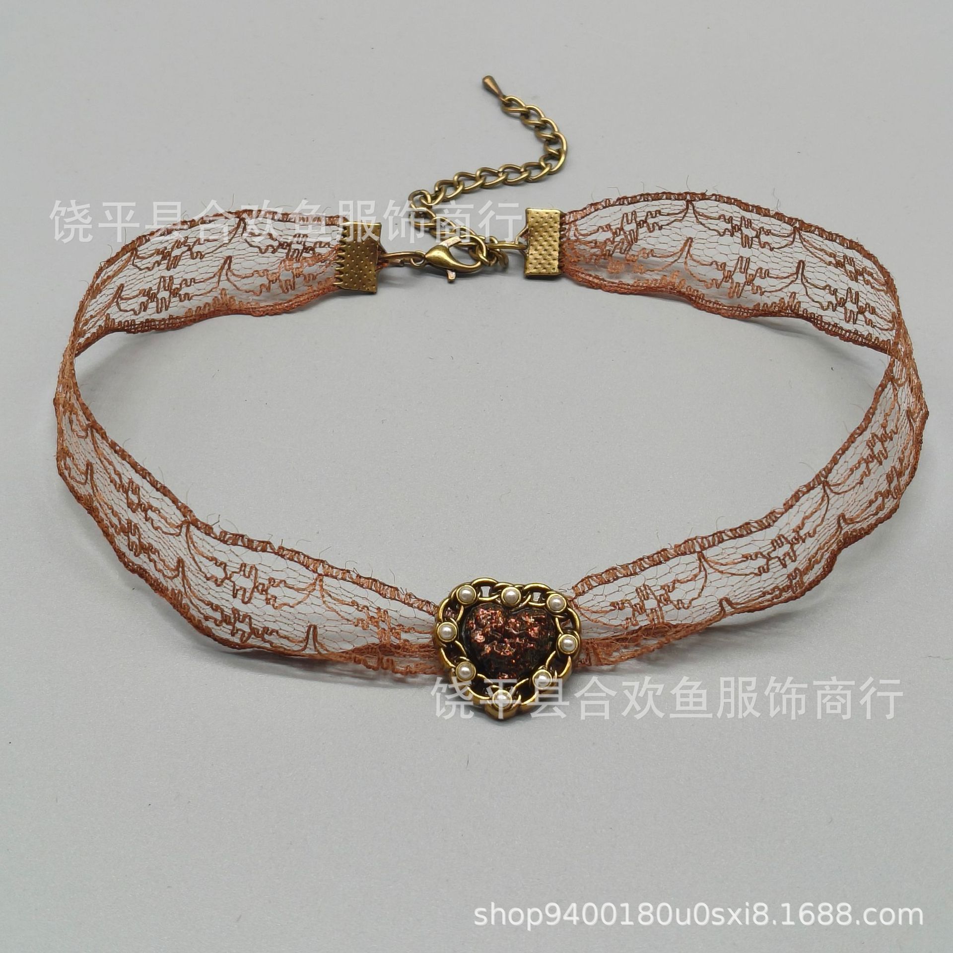 Wholesale Coee colored pearl heart pendant lace short collarbone chain