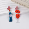 Wholesale Red Wine Bottle Romantic Fiery Red Lip Wine Glass Valentine's Day Asymmetrical Earrings