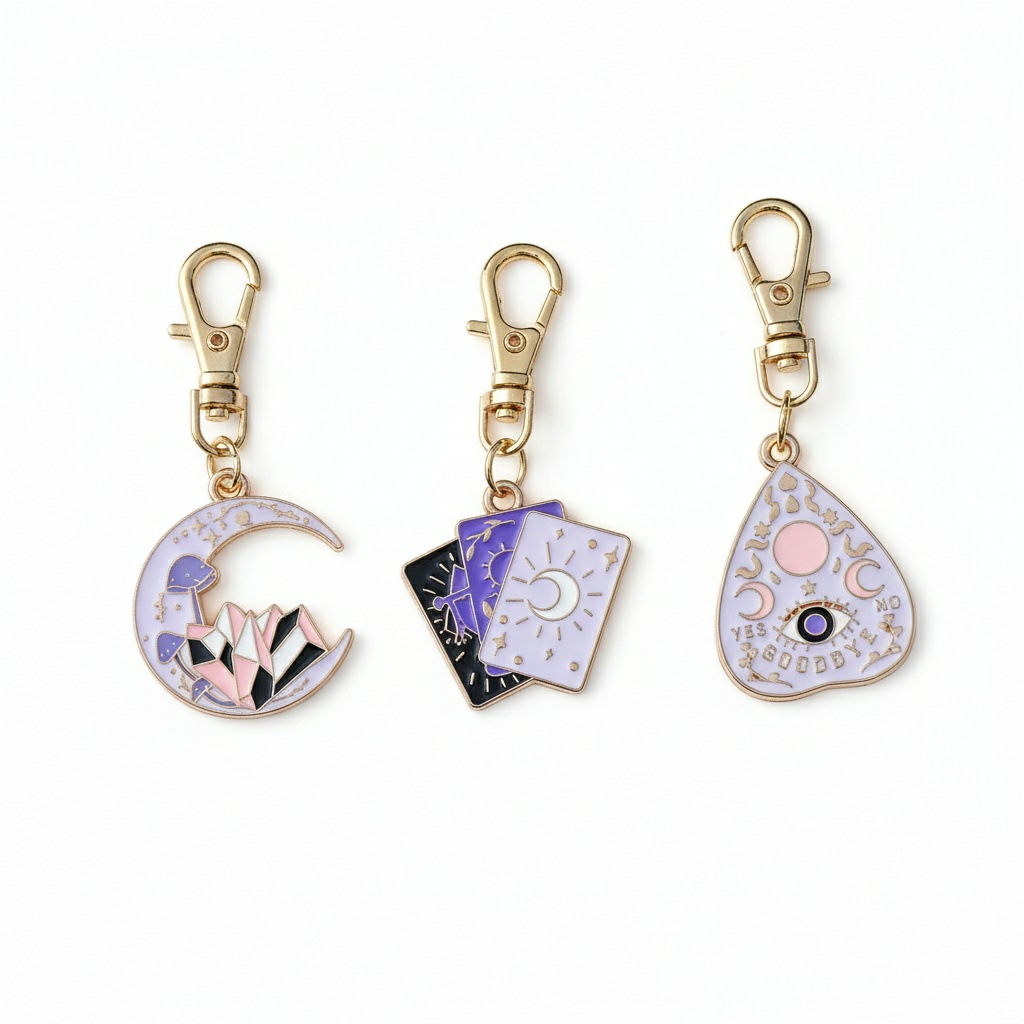 Wholesale 3-Piece Set of Oil-ip Purple Moon Crystal Cluster Metal Keychain
