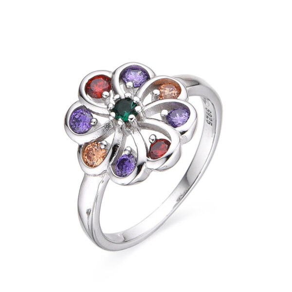 Wholesale Rainbow Micro Inlaid Diamond Flower Ring for Women, White Copper