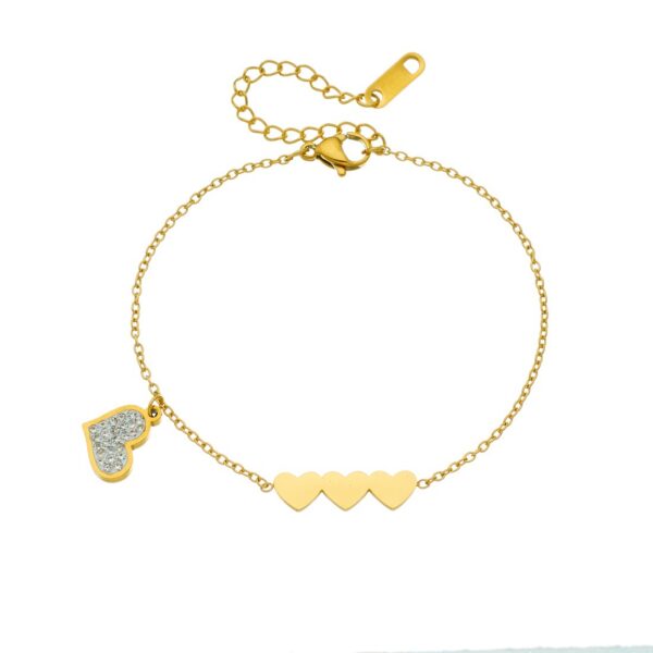 Wholesale Gold-plated Stainless Steel with Three Heart Charms and Rhinestones Bracelet