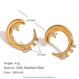 Rhinestone Crescent ear studs-Gold