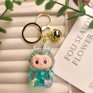 Oil-fried flash labubu-green / Quicksand bottle pull cloth + bell pendant
