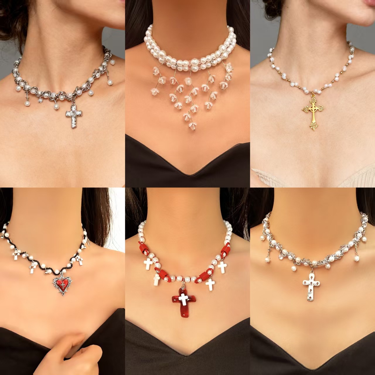 Wholesale Pearl Cross Round Bead tassel Pendant Necklace