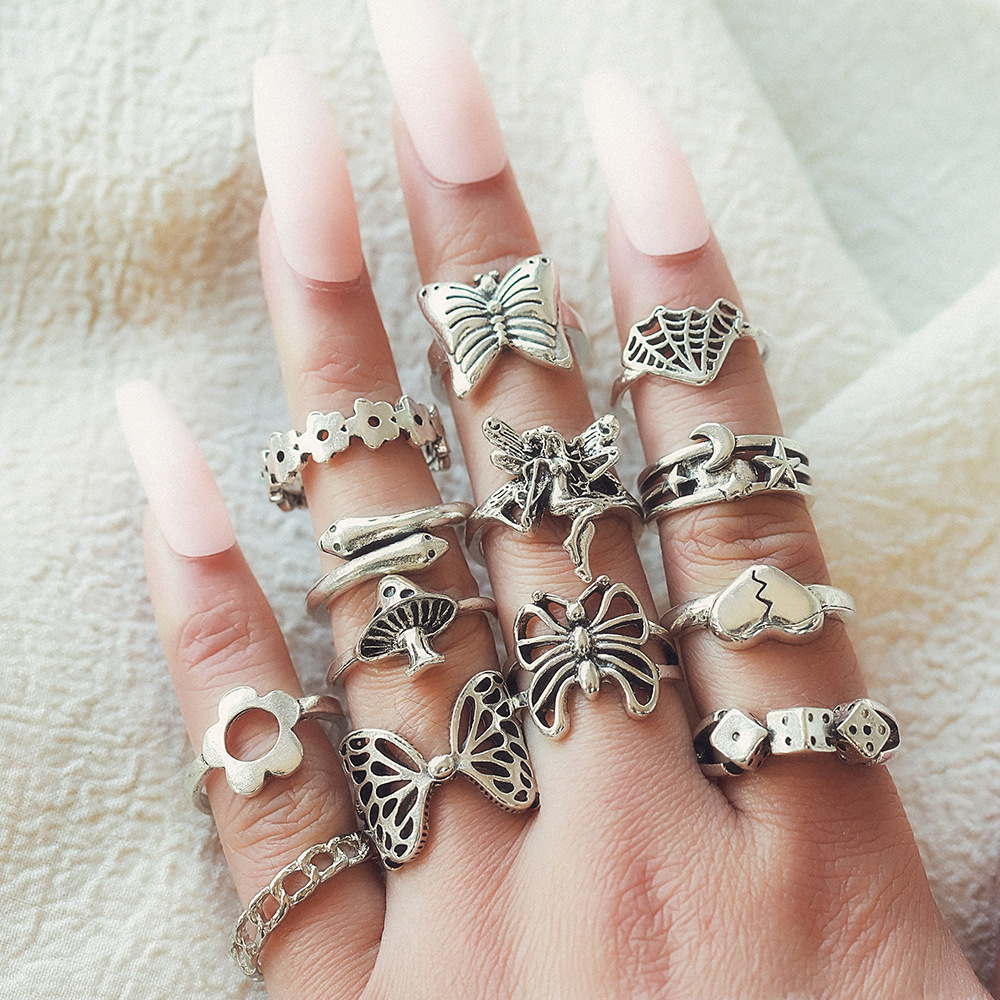 Wholesale Alloy geometric exaerated moon heart butterfly snake hollow ring