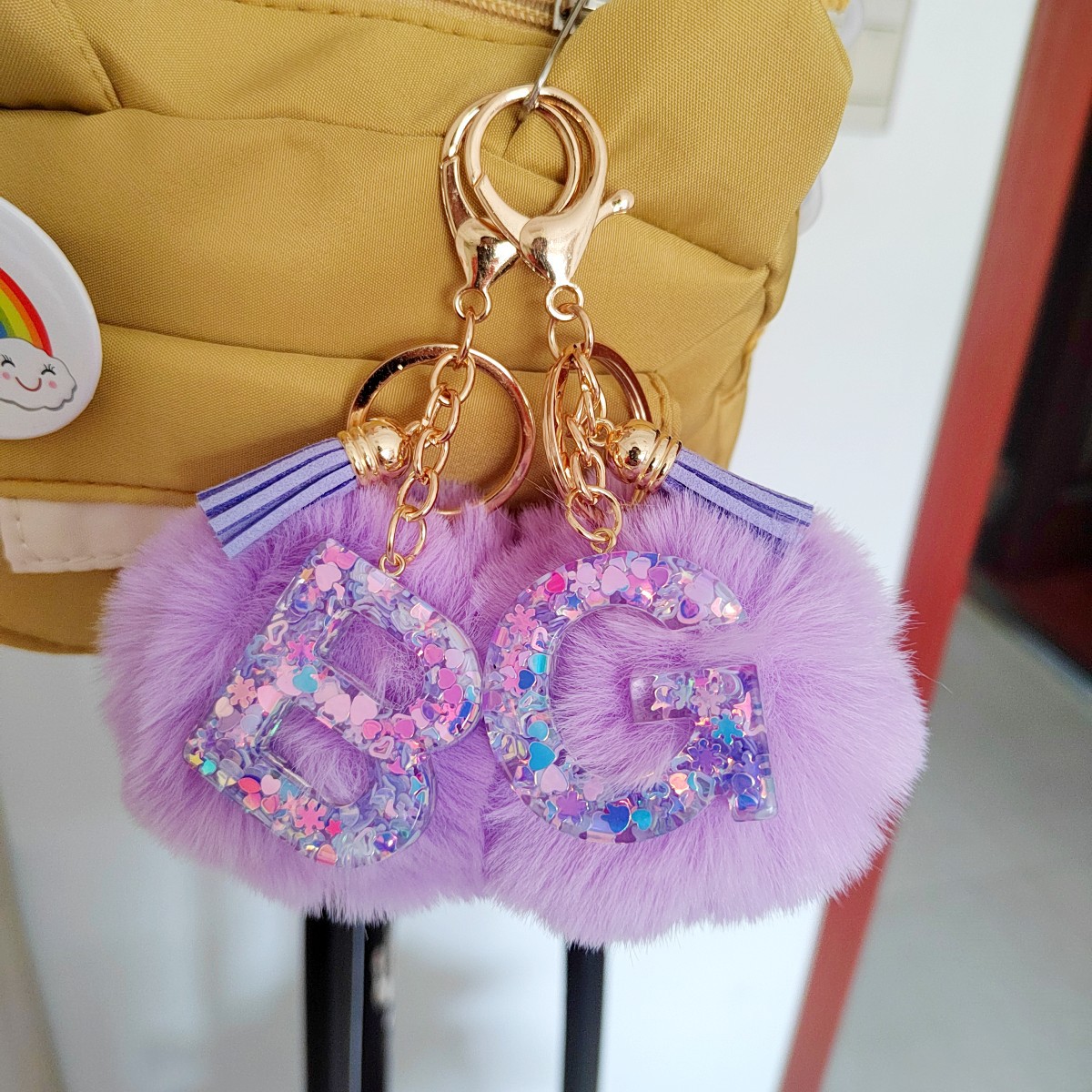 Wholesale Colorful ip Glue Letter Pendant Light Purple Hairball Keychain