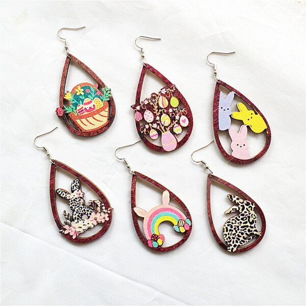 Wholesale Water droplet hollow leopard print Easter wooden earrings