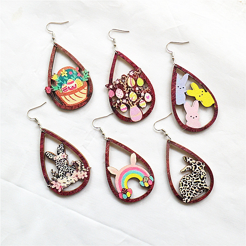 Wholesale Water oplet hollow leopard print Easter wooden earrings