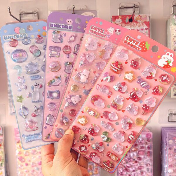 Wholesale In Stock/Embossed Stickers 3D Genuine Solid Strawberry Rabbit Unicorn Stereo Crystal Stickers Children's Cartoon Stickers