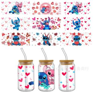 Wholesale Valentine's Day Stitch Uv Dtf Transfer Crystal Transparent 16oz Sticker Glass Cup Special Scratch-Resistant Wholesale Cross-Border