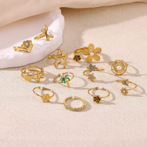 Wholesale Stainless Steel Geometric Pearl Gold Flower Star Open Ring
