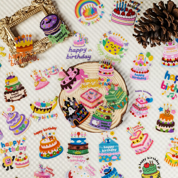 Wholesale 56 colorful birthday cake transparent PET cartoon stickers