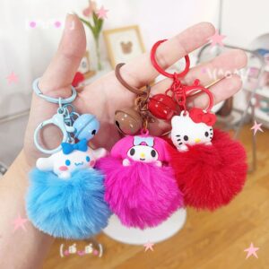Wholesale Cartoon Sanrio Doll Fur Ball Keychain School Bag Kuromi Fur Ball Key Chain Buckle Bestie Car Pendant