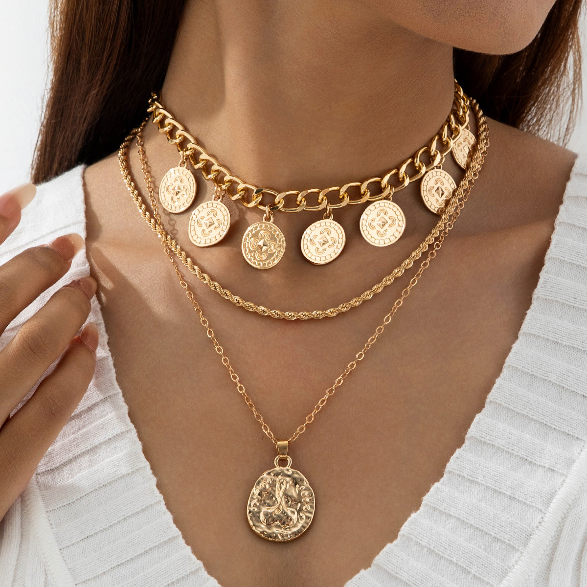 Wholesale rtrait coin pendant with multiple layers wearing necklace