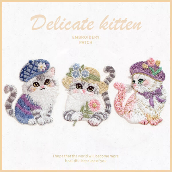 Wholesale Cartoon Beautiful Kitten Embroider Self-Adhesive Stickers DIY Patches