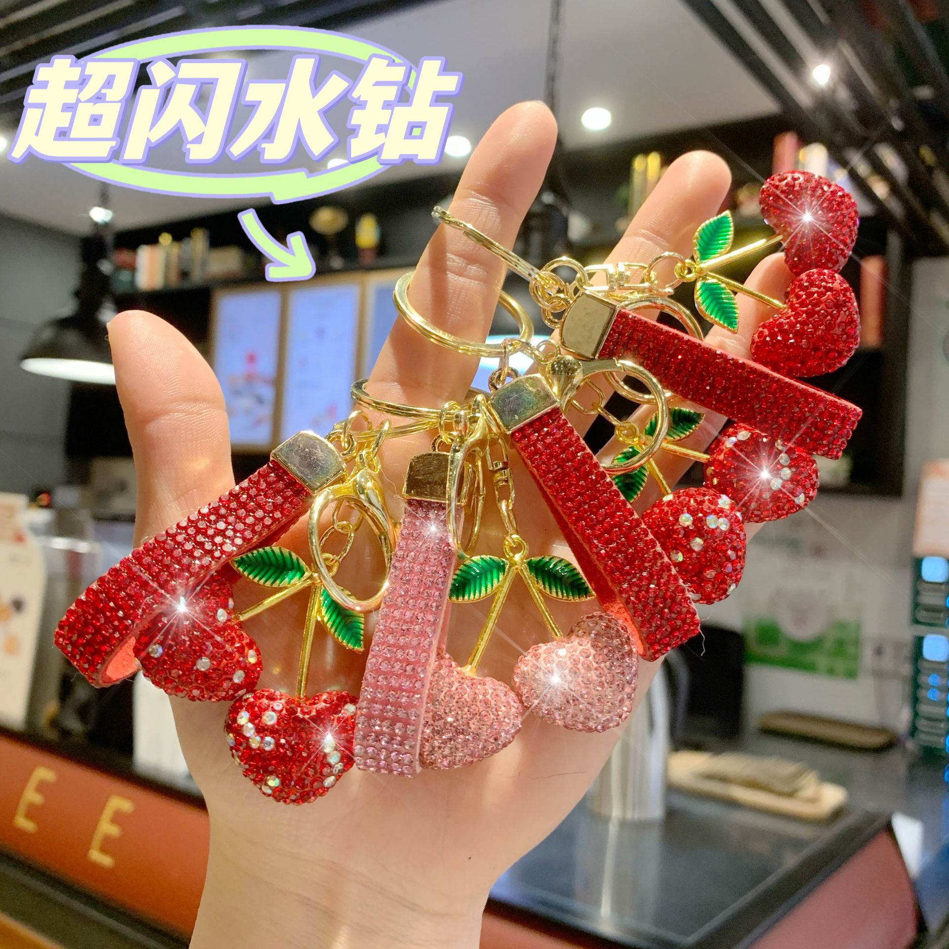Wholesale Clay Full Rhinestone Heart Cherry Lanyard Keychain