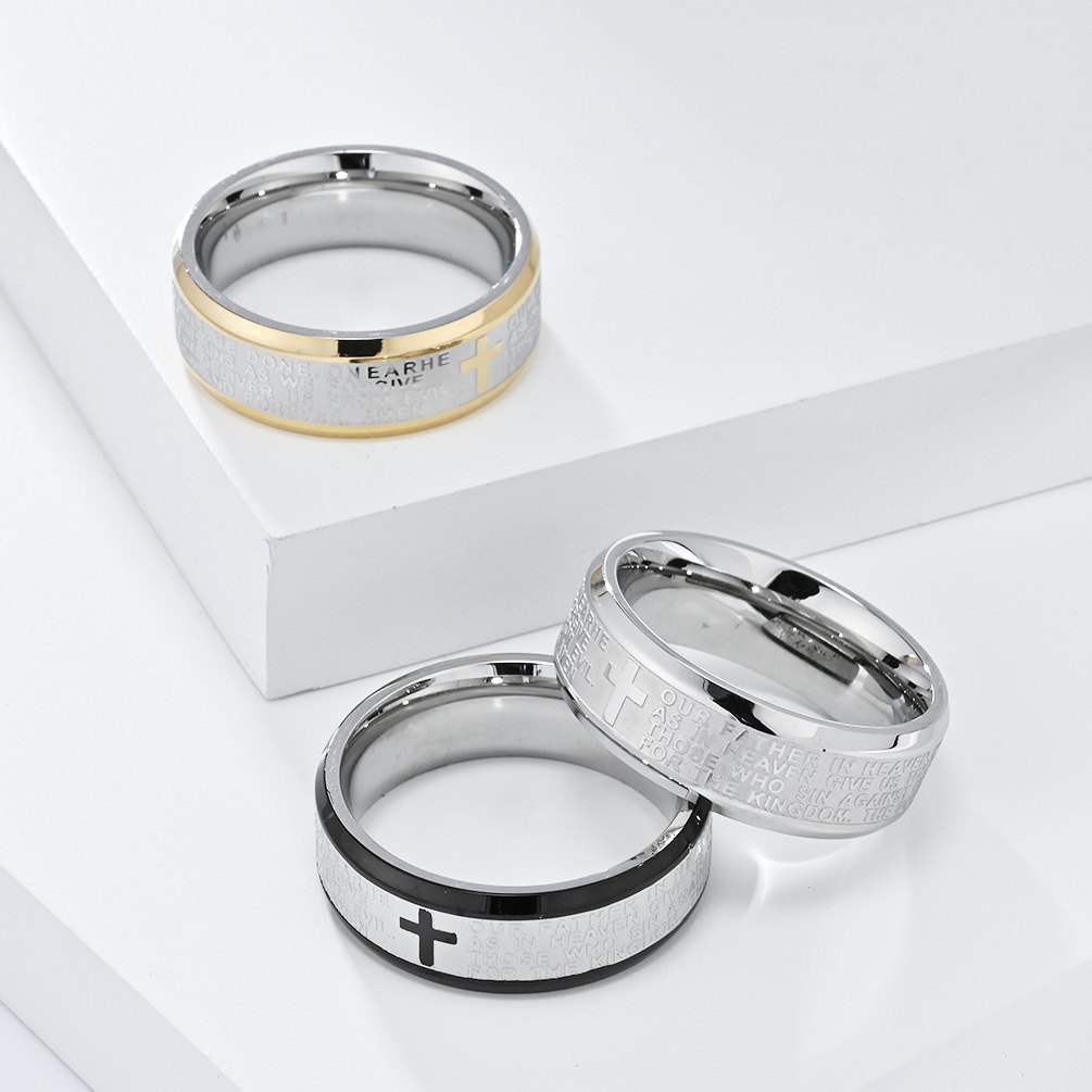 Wholesale Sier stainless steel cross scripture ring