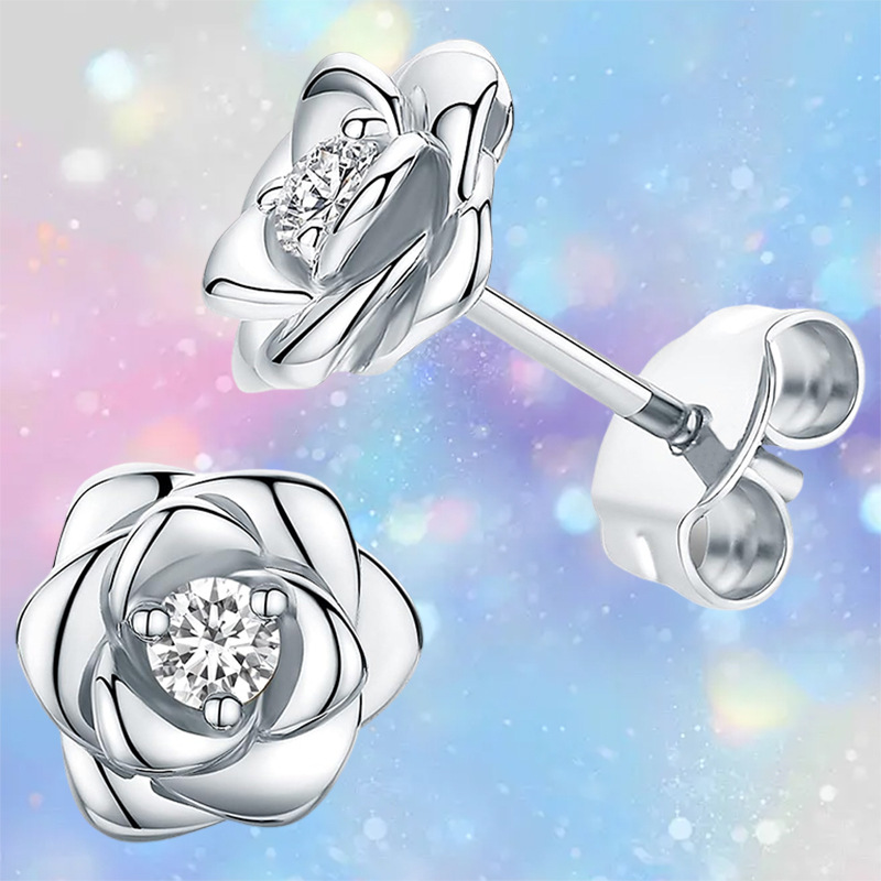 Wholesale Sier rose studded earrings with diamonds