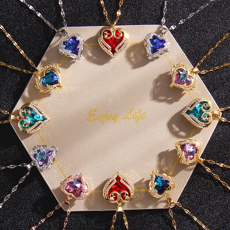 Wholesale Colored Crystal Peach Heart Titanium Steel Jewelry Necklace