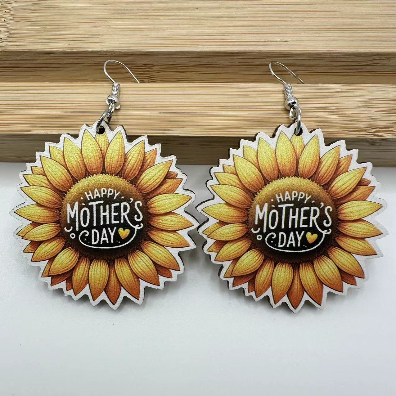 Wholesale Mother's Day wooden printing suower earrings