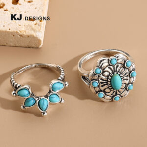 Wholesale Geometric turquoise teardrop gemstone retro ring