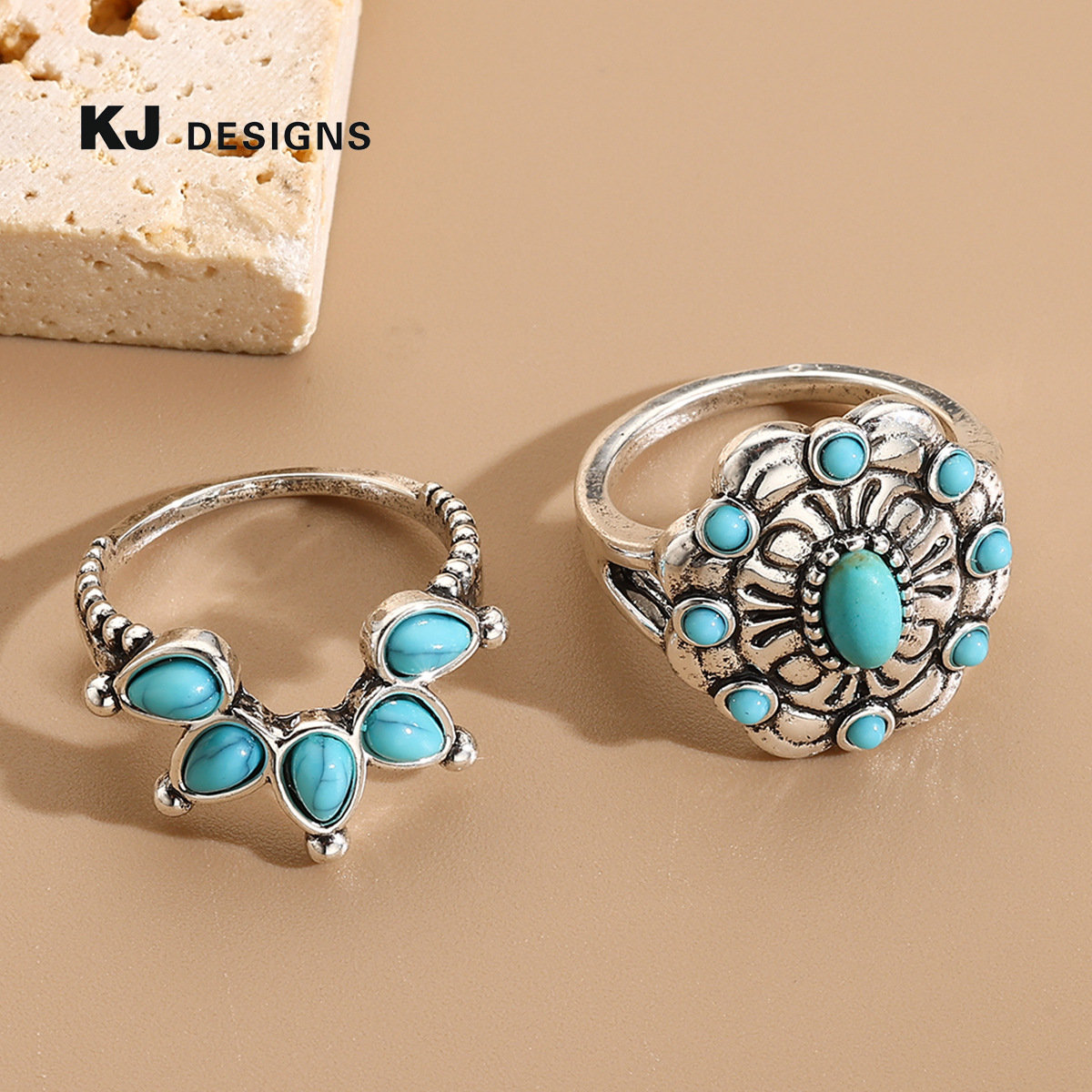 Wholesale Geometric turquoise tearop gemstone retro ring