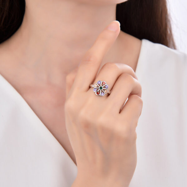 Wholesale Rainbow Micro Inlaid Diamond Flower Ring for Women, White Copper