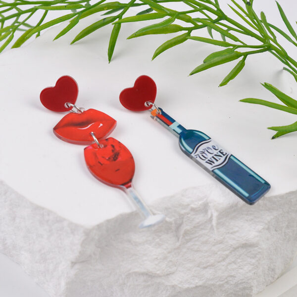 Wholesale Red Wine Bottle Romantic Fiery Red Lip Wine Glass Valentine's Day Asymmetrical Earrings