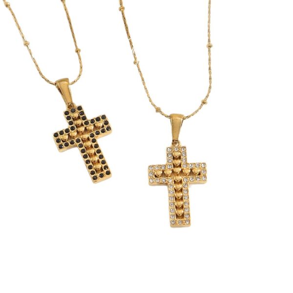Wholesale Diamond studded cross chain stainless steel necklace