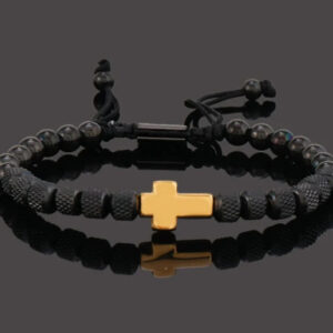 Black 6mm pineapple beads stainless steel gold cross