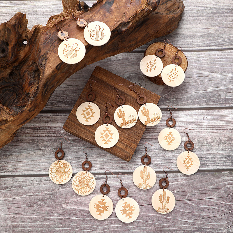 Wholesale Suower Bee Cactus Wooden Earrings