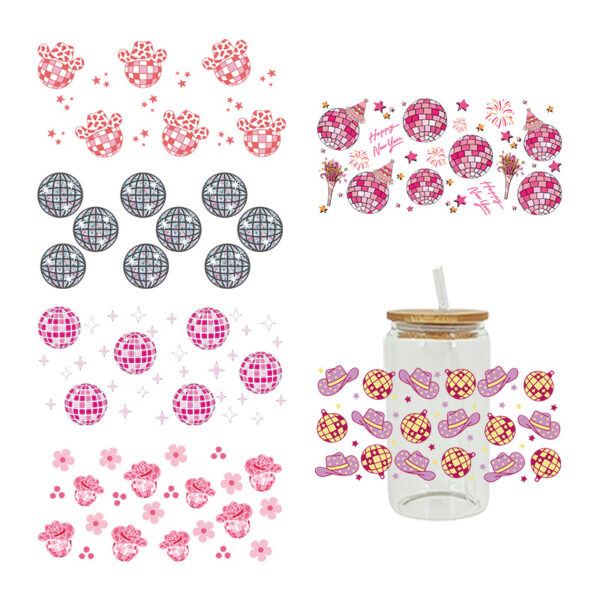 Wholesale Pink Cartoon Cute Disco Theme 16oz Cup UV DTF Wraps