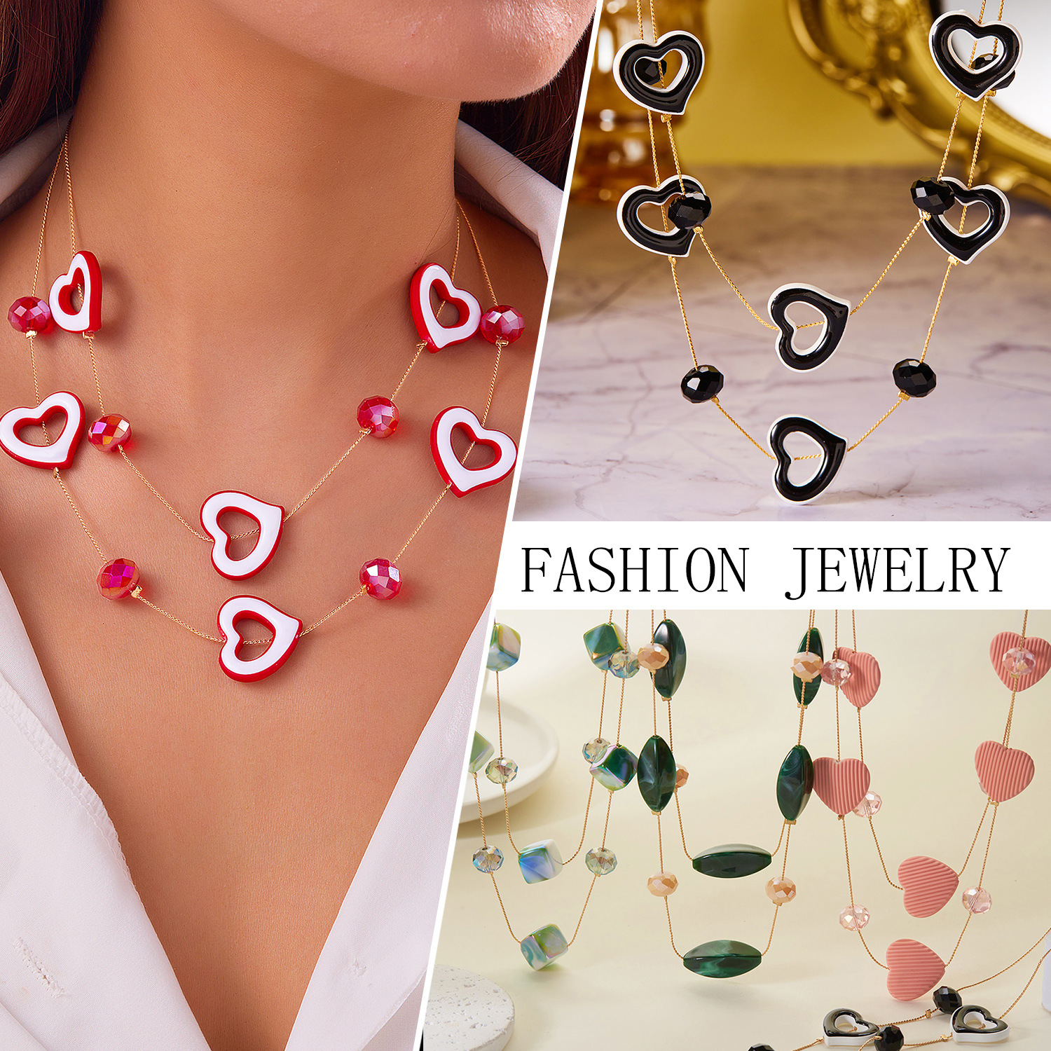 Wholesale Colorful heart double layered necklace