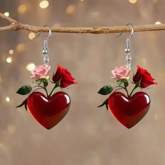 Wholesale Heart shaped Red Rose Valentine's Day Acrylic Earrings