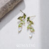 Wholesale Olive Green Gradient Zircon Leaf Earrings