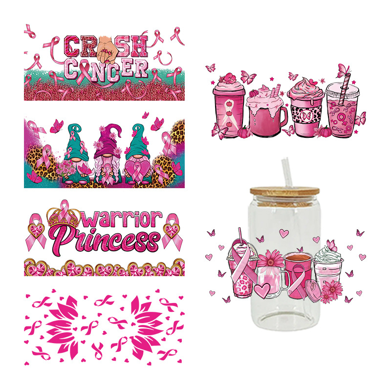 Wholesale Pink Cartoon Cute Anti-Cancer Theme 16oz C UV DTF Wraps
