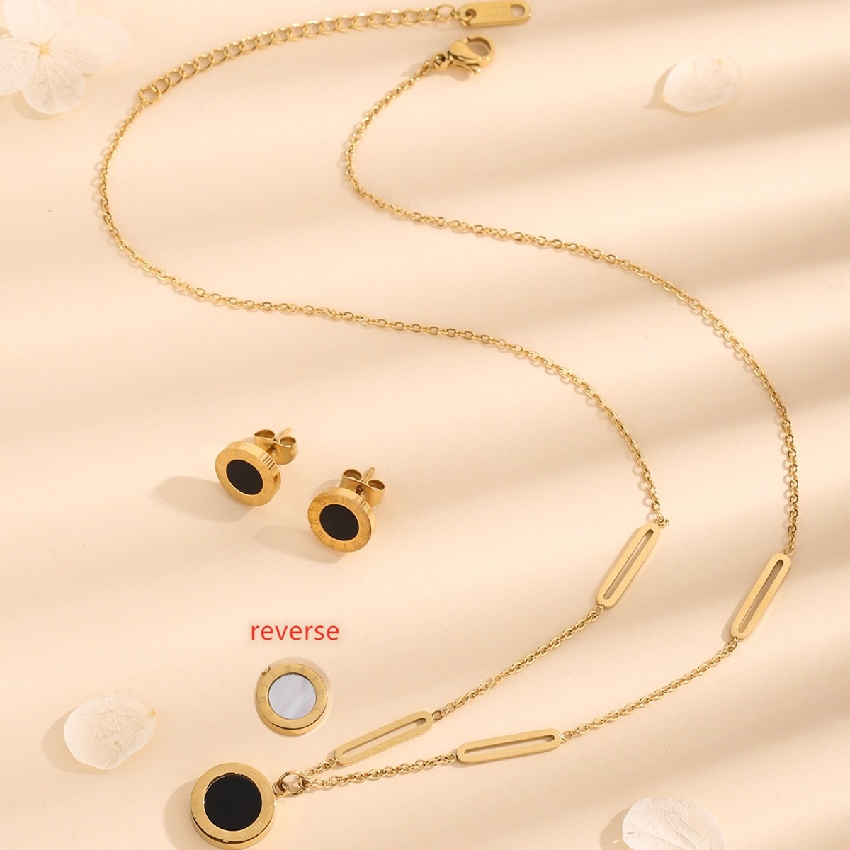 Wholesale Golden Titanium Steel Double Sided Roman Numeral Circle Necklace Earrings
