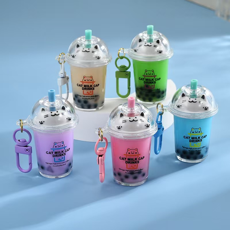 Wholesale Acrylic Creative Cute Milk Tea C Cat Bubble Tea Keychain