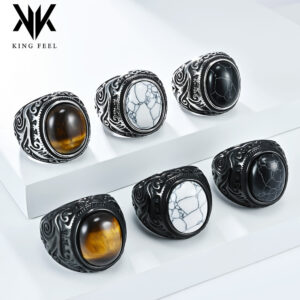 Wholesale Vintage carved flower inlaid tiger eye gemstone titanium steel ring