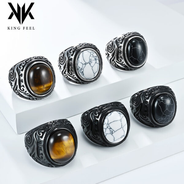 Wholesale Vintage carved flower inlaid tiger eye gemstone titanium steel ring