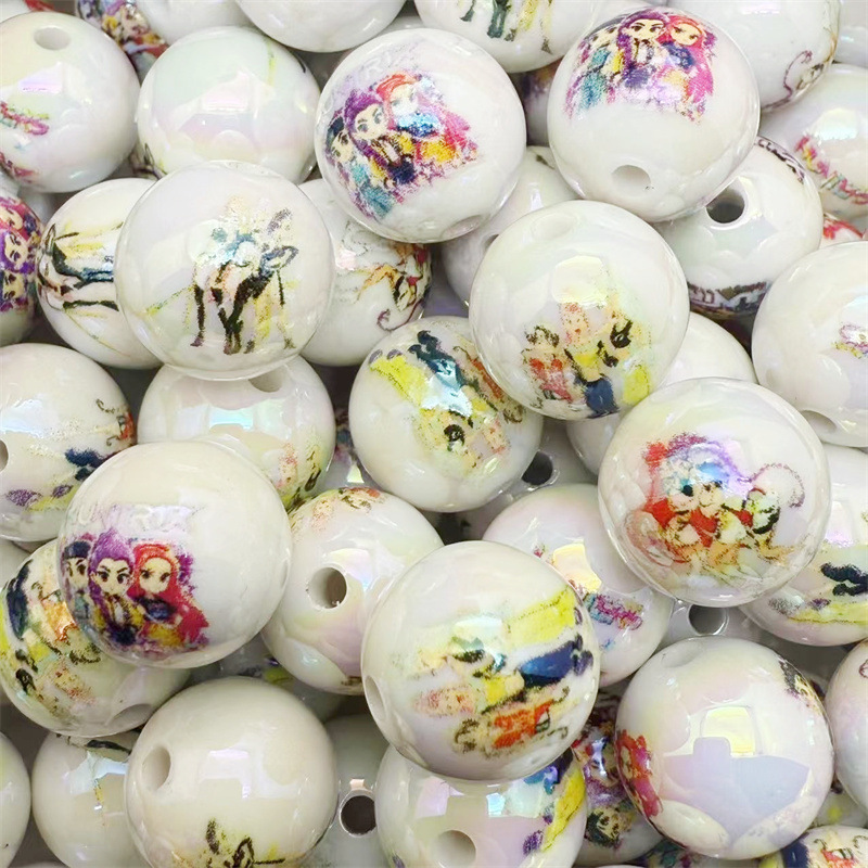 Wholesale Acrylic printed cartoon witch hunter gro straight hole round beads DIY TikTok live streaming beaded mobile phone rope jewelry aessories