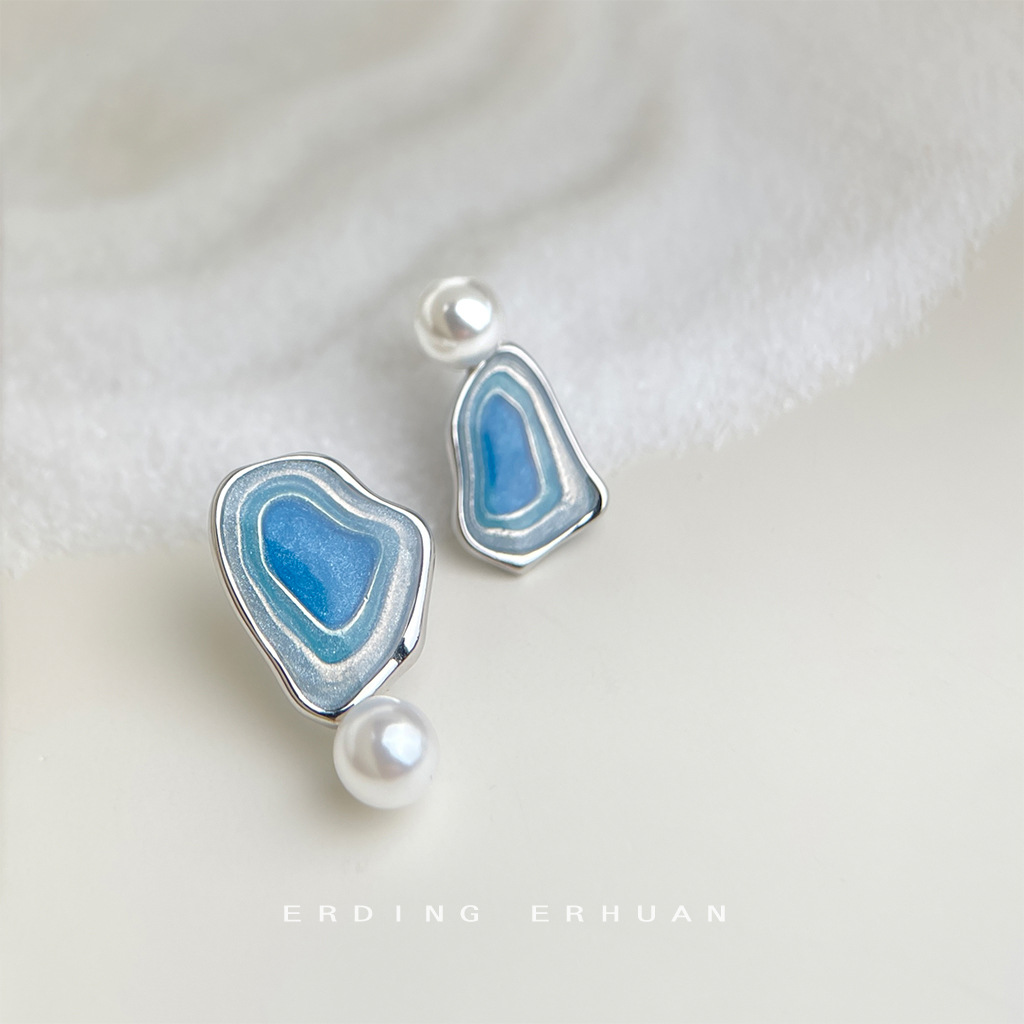 Wholesale Blue Salt Lake series asymmetrical sier needle earrings