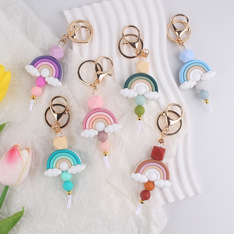 Wholesale Rainbow Teething Ring Clip With Silicone Beads and keychain.