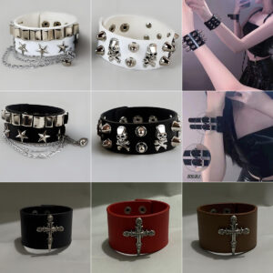 Wholesale Punk Leather Rivet Skeleton Wide Edge Bracelet