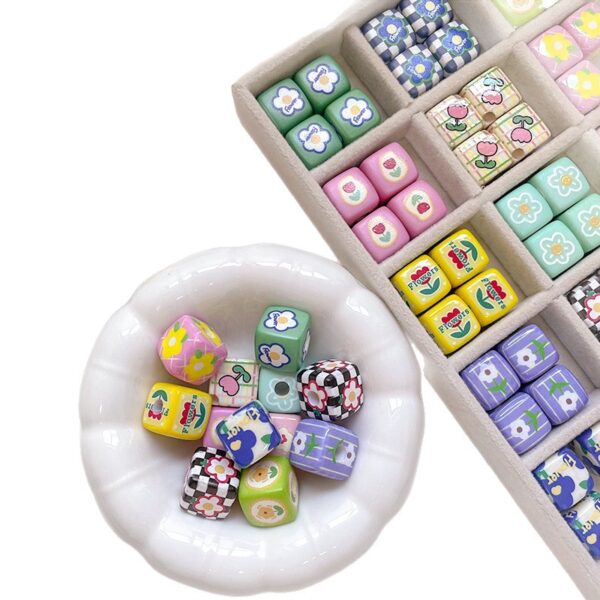 Wholesale 10pcs Garden Checkerboard Tulip Flowers Love Blocks Acrylic Beads