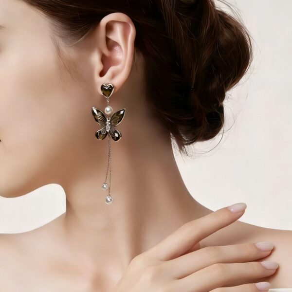 Wholesale Copper Inlaid Zircon Butterfly Pearl Tassel Earrings