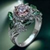 Wholesale Bright Pink Zircon Green Leaf Oil Drop Flower Plant Ring