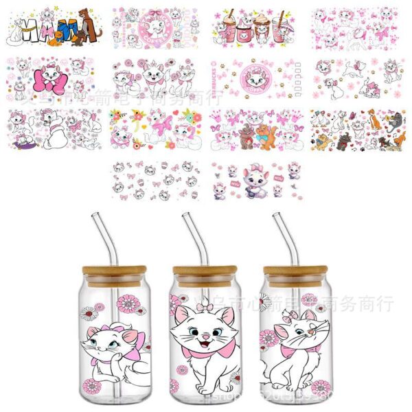 Wholesale Mary Cat UV DTF Crystal Transparent Sticker Pink Cute Cartoon Pattern Glass Waterproof Scratch Resistant Cross Border