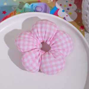 Pink and white plaid flower hair tie