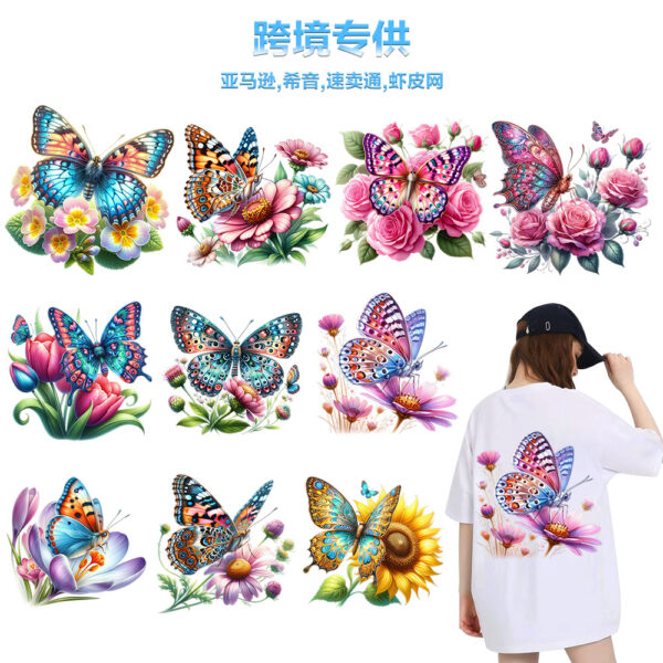 Wholesale Cross-Border Floral Clothing Butterfly Heat Transfer Printing Stickers Custom Offset Heat Transfer Printing In-Stock Wholesale White Ink Heat Transfer Printing